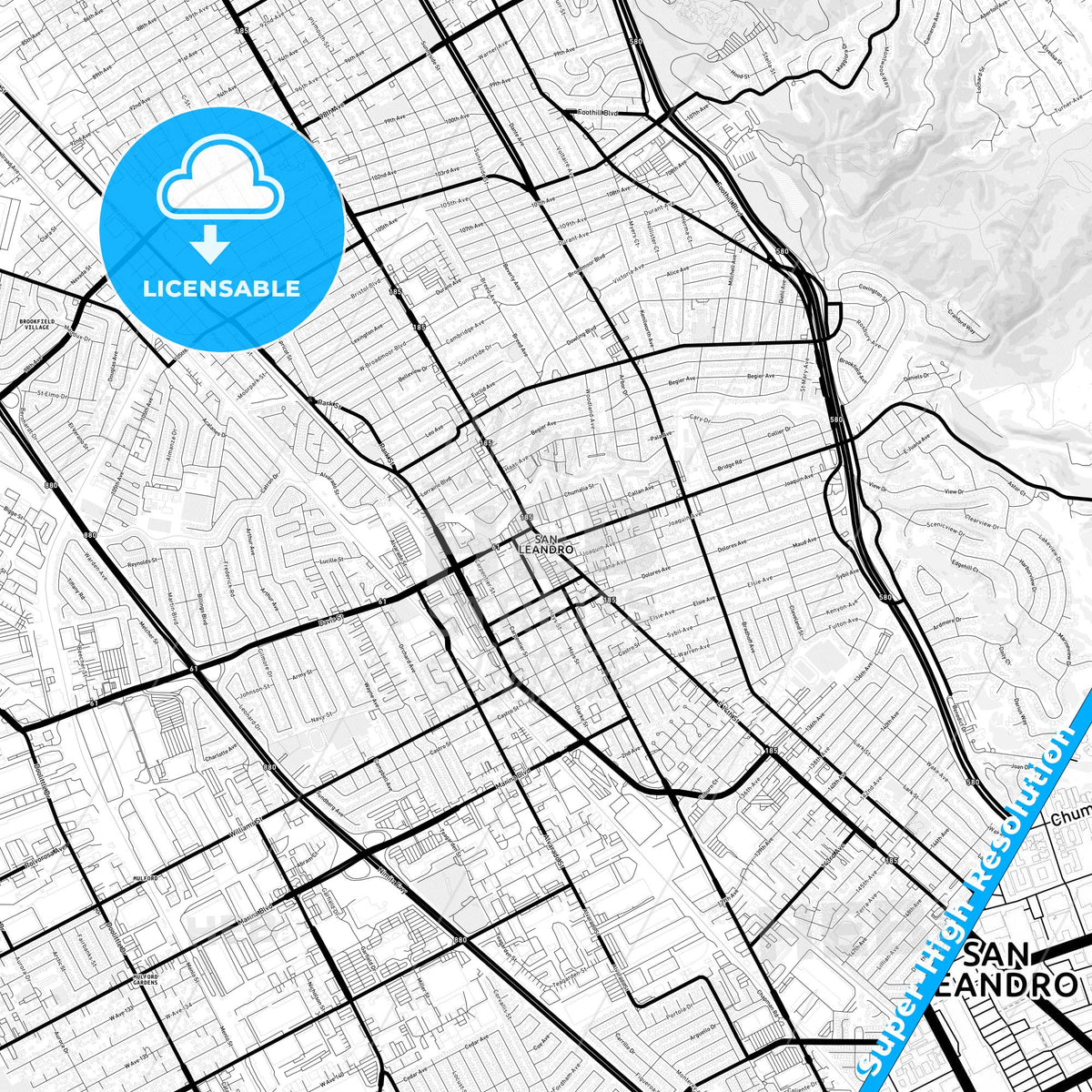 San Leandro, California Light Map with Street Names, City Names, and Districts
