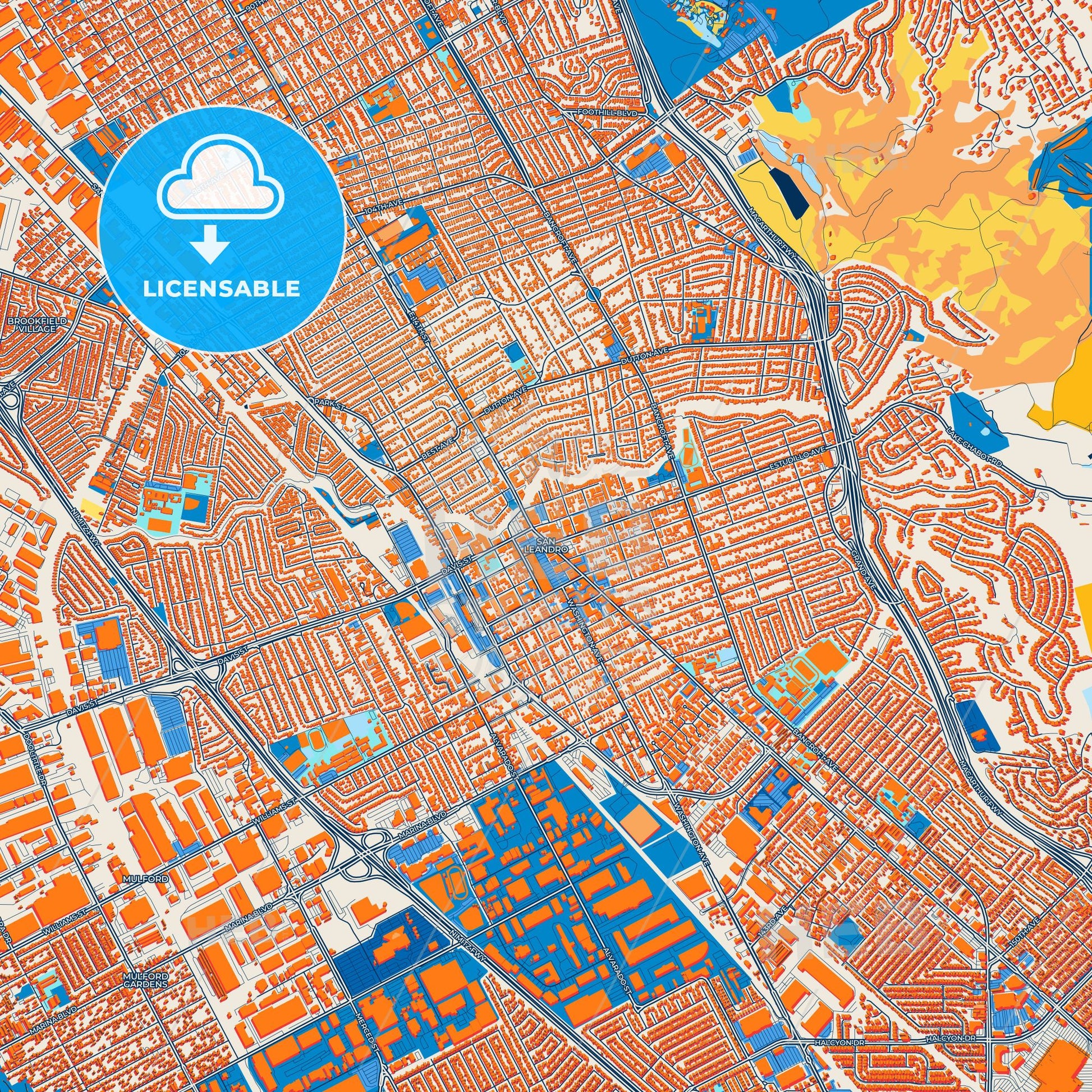 Colorful San Leandro Street Map with Labels and Buildings