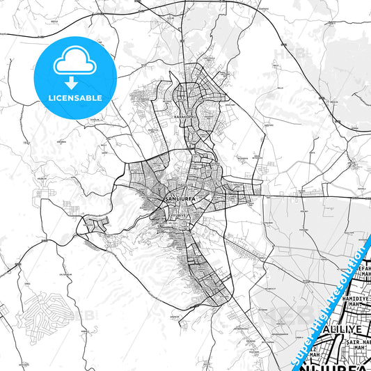 Şanlıurfa, Turkey light map with streetnames, citynames and districts
