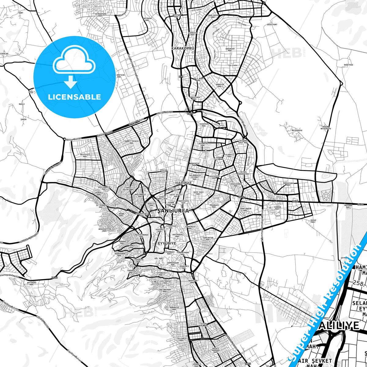 Şanlıurfa, Turkey Light Map with Street Names, City Names, and Districts