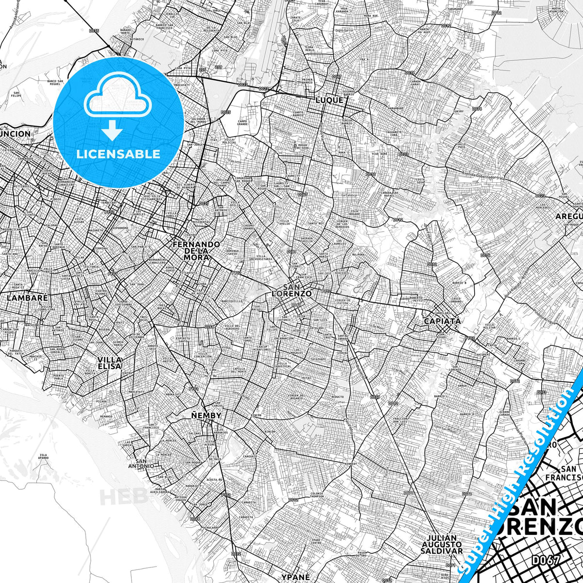 San Lorenzo, Paraguay light map with streetnames, citynames and districts