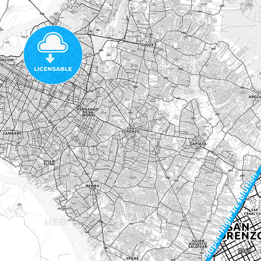 San Lorenzo, Paraguay light map with streetnames, citynames and districts