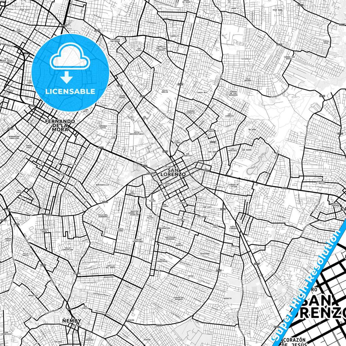 San Lorenzo, Paraguay Light Map with Street Names, City Names, and Districts