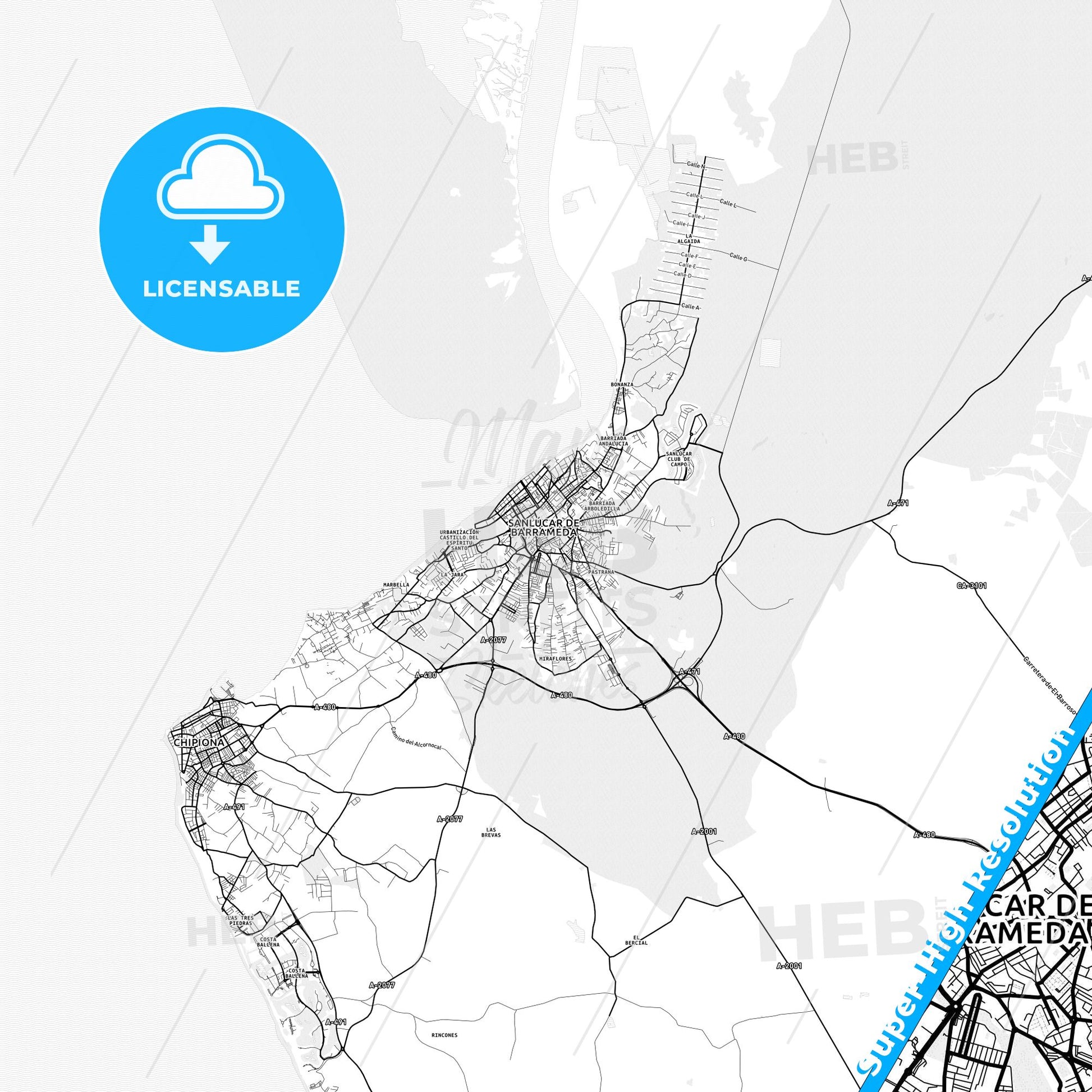 Sanlúcar de Barrameda, Spain light map with streetnames, citynames and districts