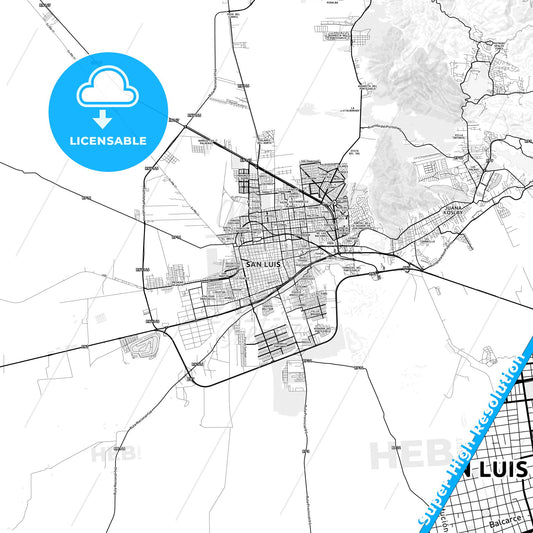 San Luis, Argentina light map with streetnames, citynames and districts