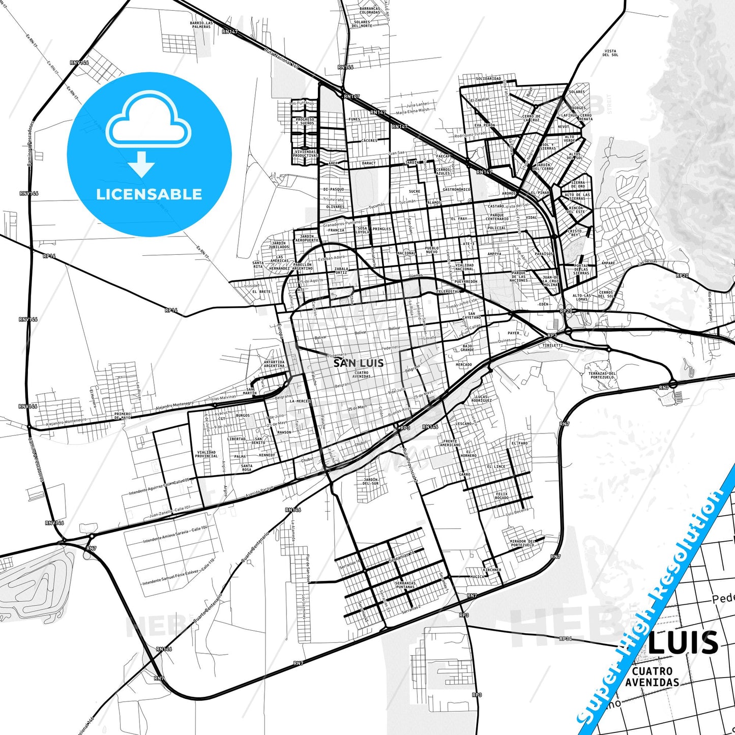 San Luis, Argentina Light Map with Street Names, City Names, and Districts