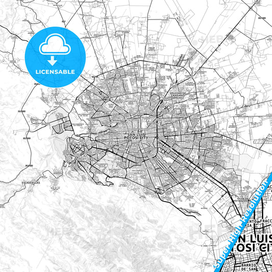 San Luis Potosí, Mexico light map with streetnames, citynames and districts