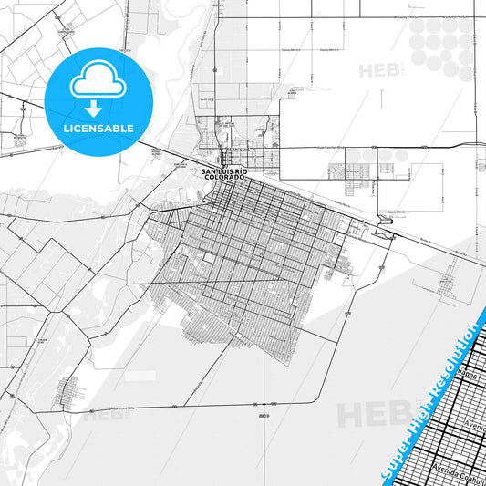San Luis Río Colorado, Mexico light map with streetnames, citynames and districts