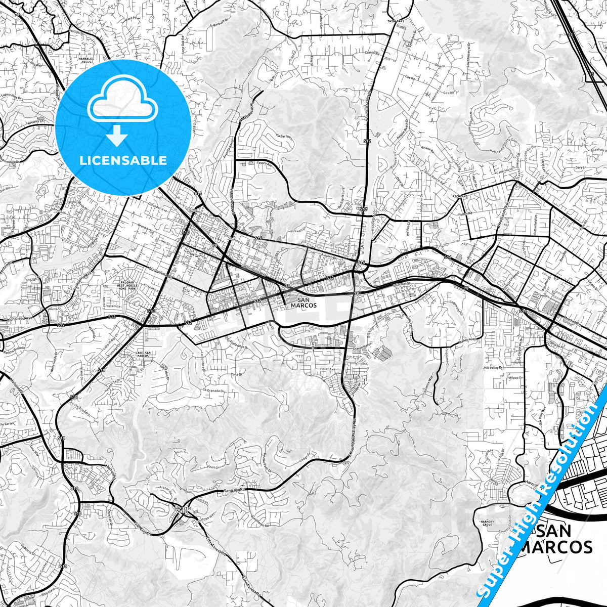 San Marcos, California Light Map with Street Names, City Names, and Districts