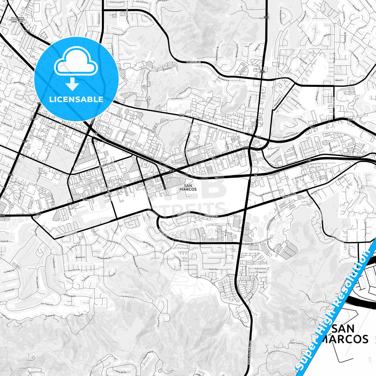 San Marcos, California Light Map with Street Names, City Names, and Districts