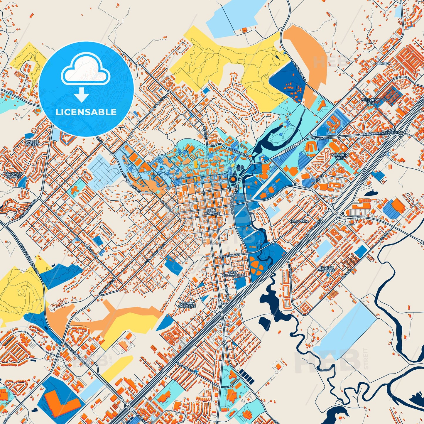 Colorful San Marcos Street Map with Labels and Buildings