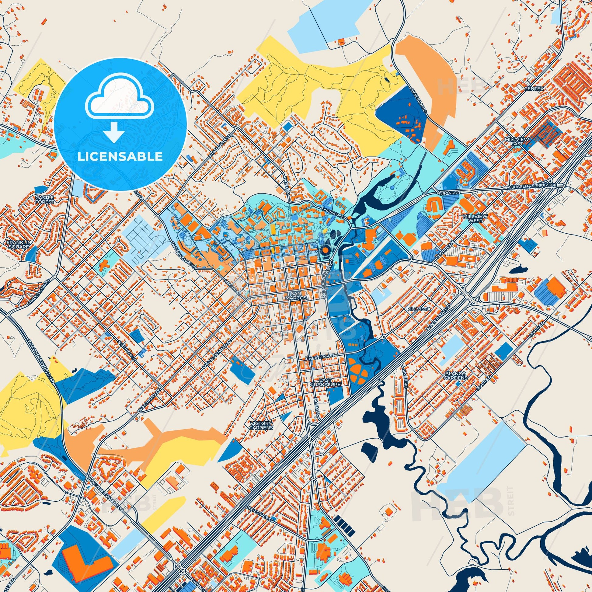 Colorful San Marcos Street Map with Labels and Buildings