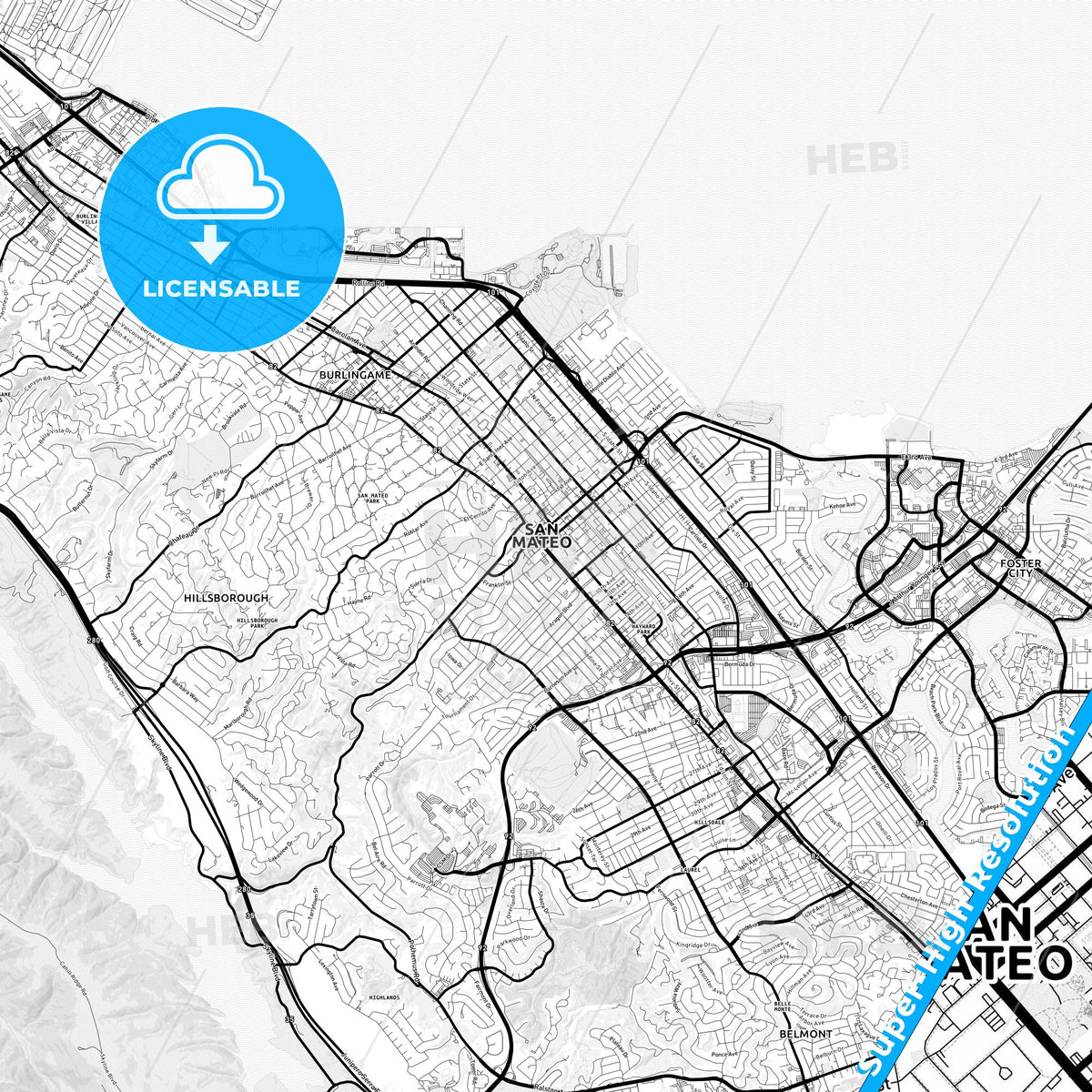 San Mateo, California Light Map with Street Names, City Names, and Districts