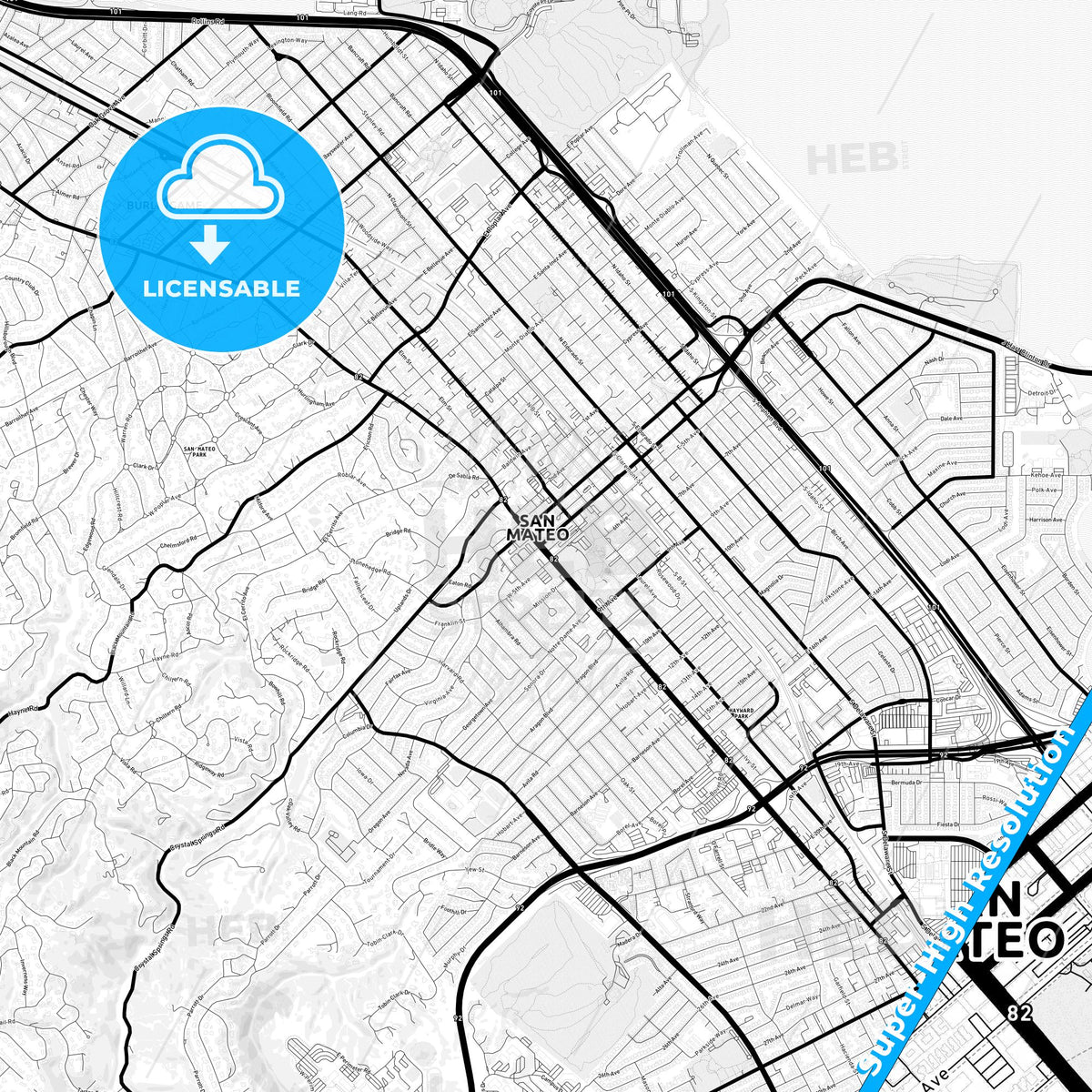 San Mateo, California Light Map with Street Names, City Names, and Districts