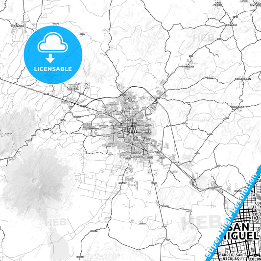 San Miguel, El Salvador light map with streetnames, citynames and districts