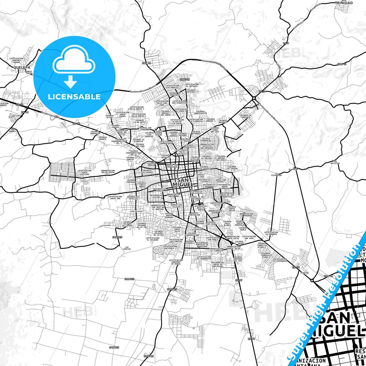 San Miguel, El Salvador Light Map with Street Names, City Names, and Districts