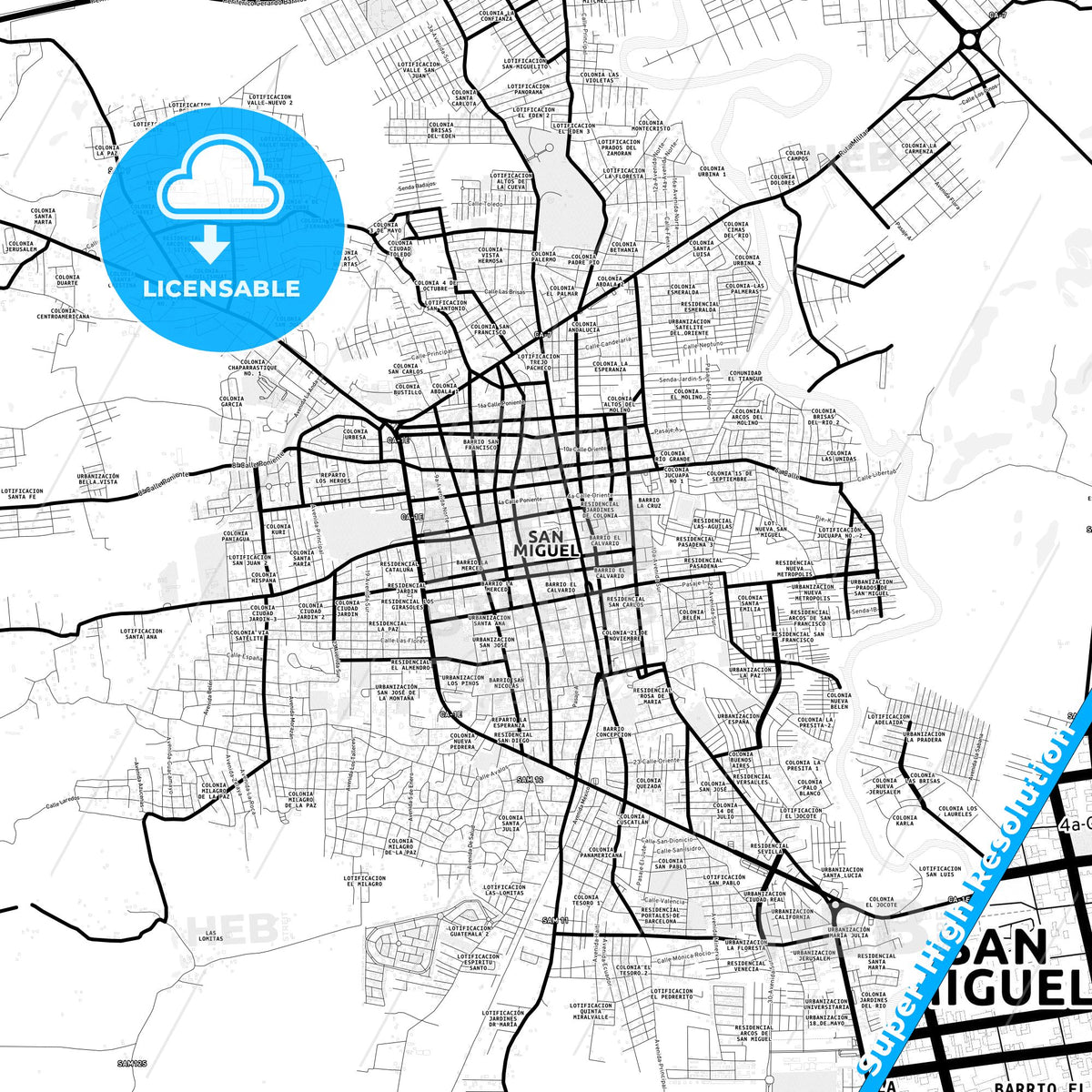 San Miguel, El Salvador Light Map with Street Names, City Names, and Districts