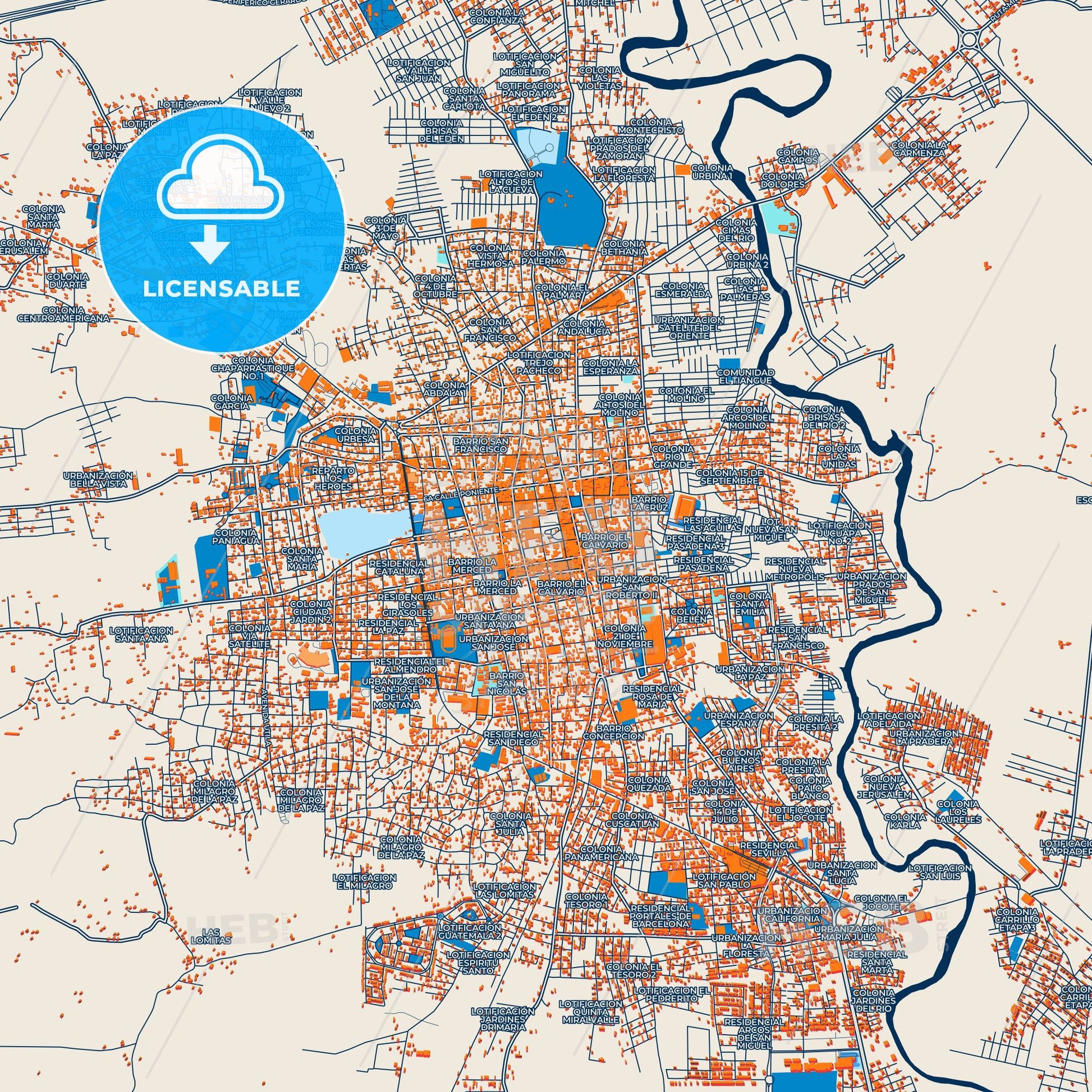 Colorful San Miguel Street Map with Labels and Buildings