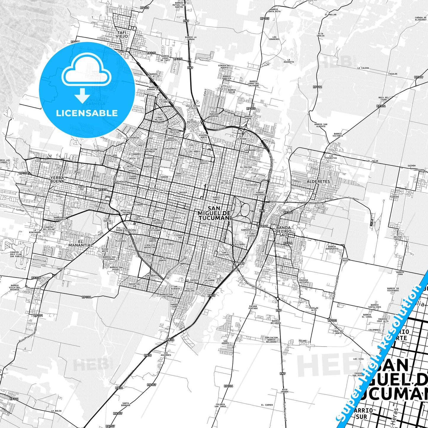 San Miguel de Tucuman, Argentina light map with streetnames, citynames and districts