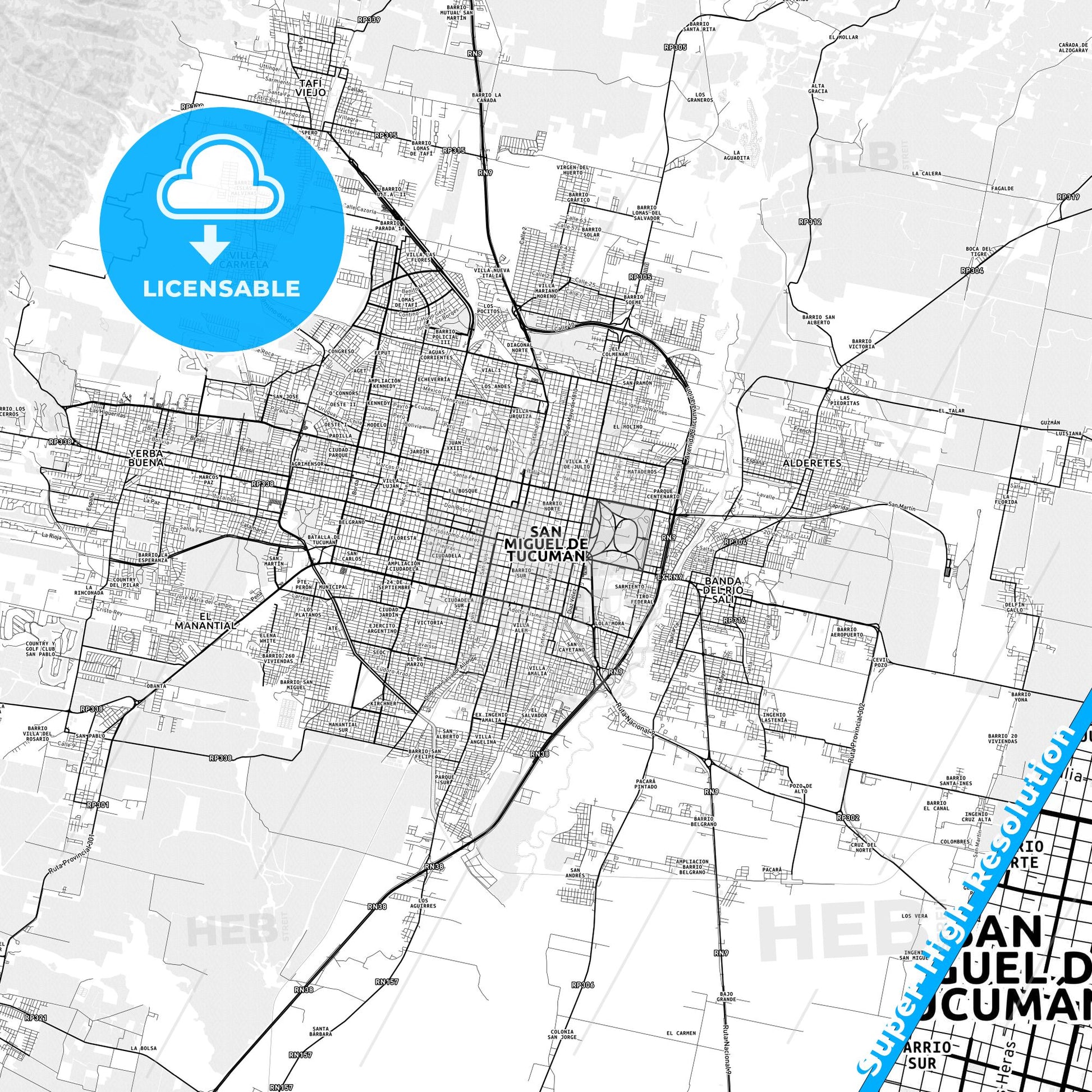 San Miguel de Tucuman, Argentina light map with streetnames, citynames and districts