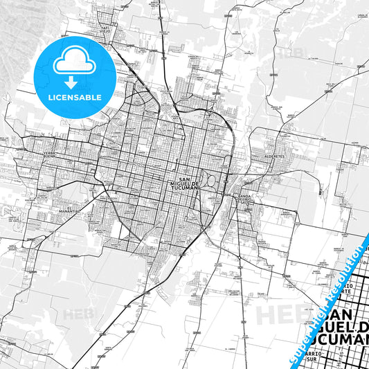 San Miguel de Tucuman, Argentina light map with streetnames, citynames and districts