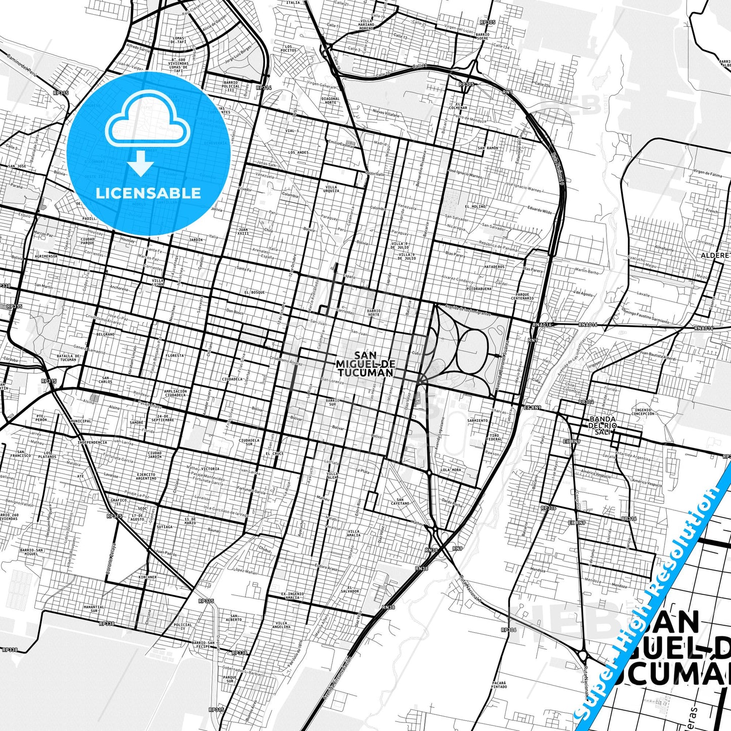 San Miguel de Tucuman, Argentina Light Map with Street Names, City Names, and Districts