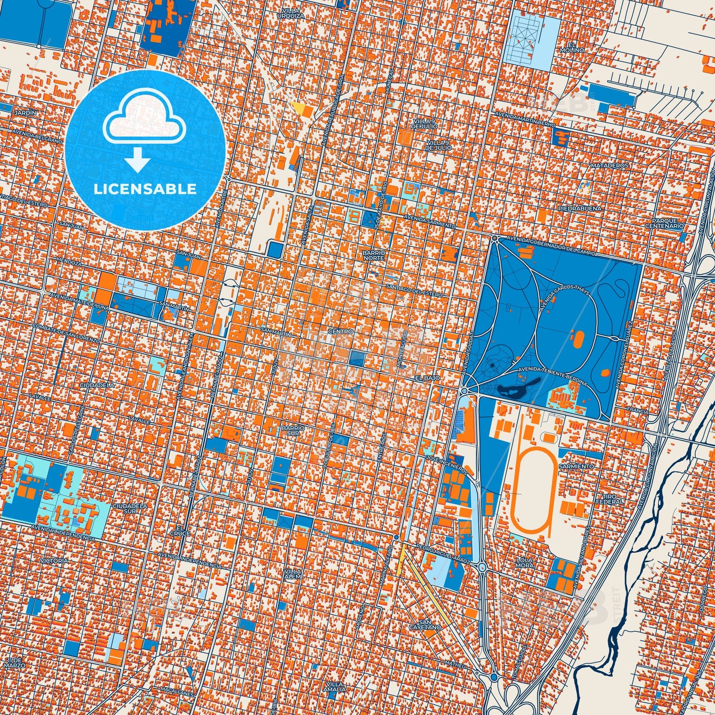 Colorful San Miguel de Tucuman Street Map with Labels and Buildings
