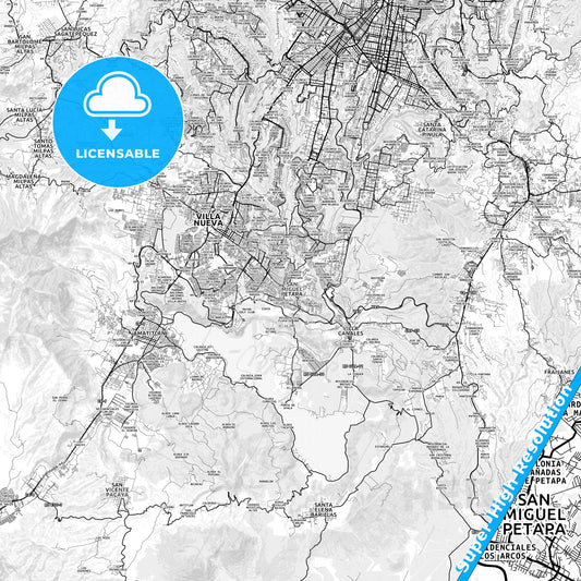 San Miguel Petapa, Guatemala light map with streetnames, citynames and districts