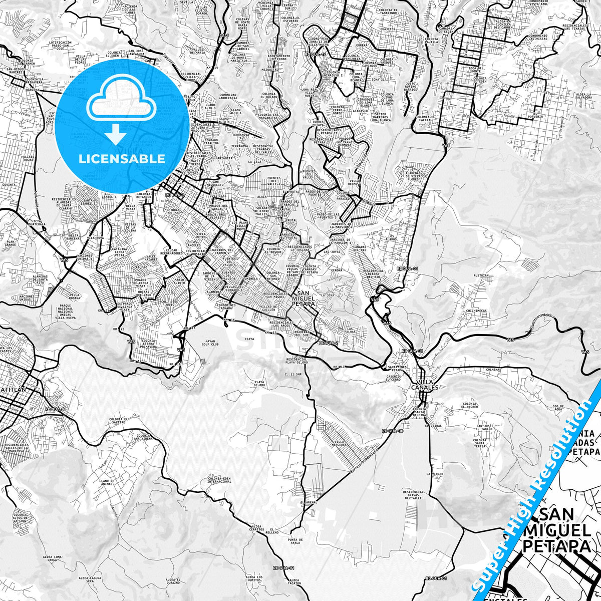 San Miguel Petapa, Guatemala Light Map with Street Names, City Names, and Districts