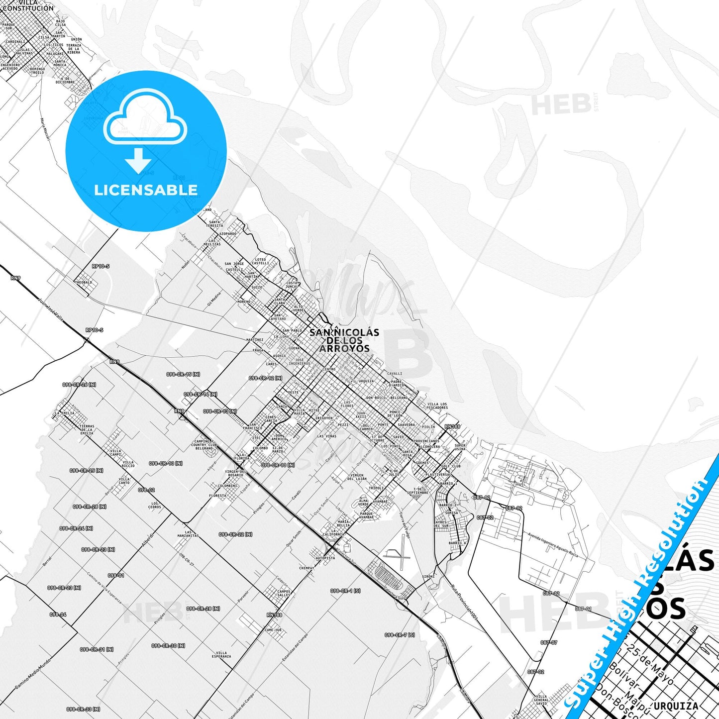 San Nicolas de los Arroyos, Argentina light map with streetnames, citynames and districts