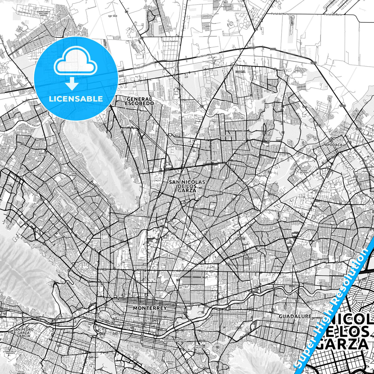 San Nicolás de los Garza, Mexico light map with streetnames, citynames and districts