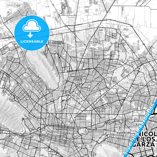 San Nicolás de los Garza, Mexico light map with streetnames, citynames and districts