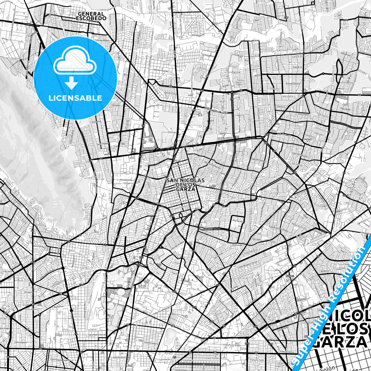San Nicolás de los Garza, Mexico Light Map with Street Names, City Names, and Districts