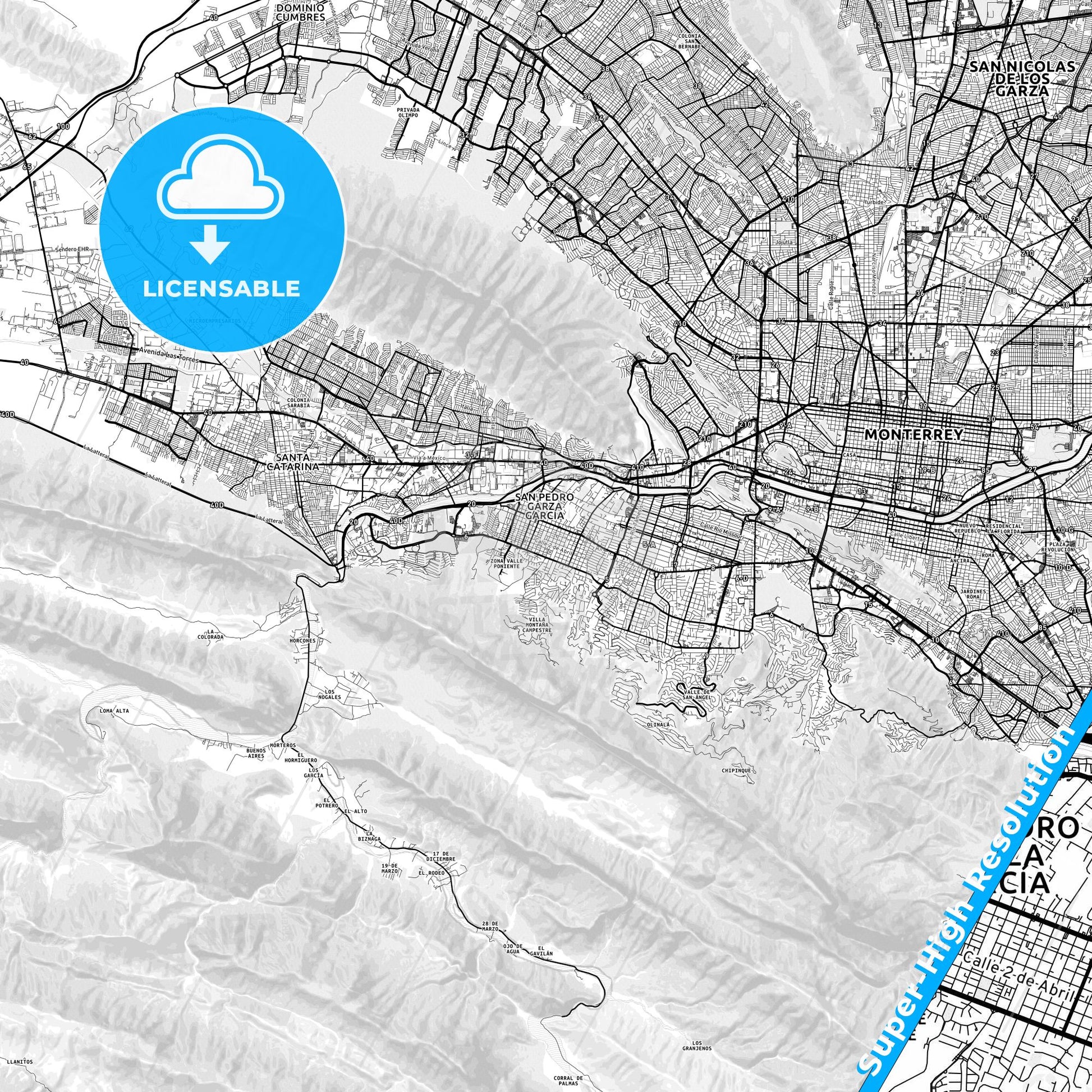 San Pedro Garza García, Mexico light map with streetnames, citynames and districts