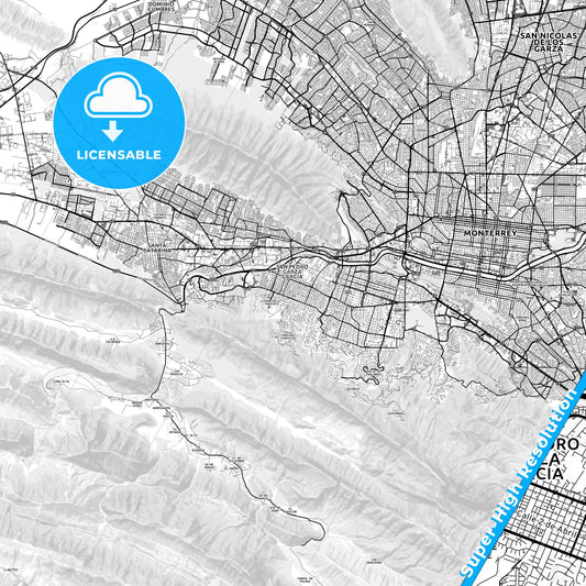 San Pedro Garza García, Mexico light map with streetnames, citynames and districts