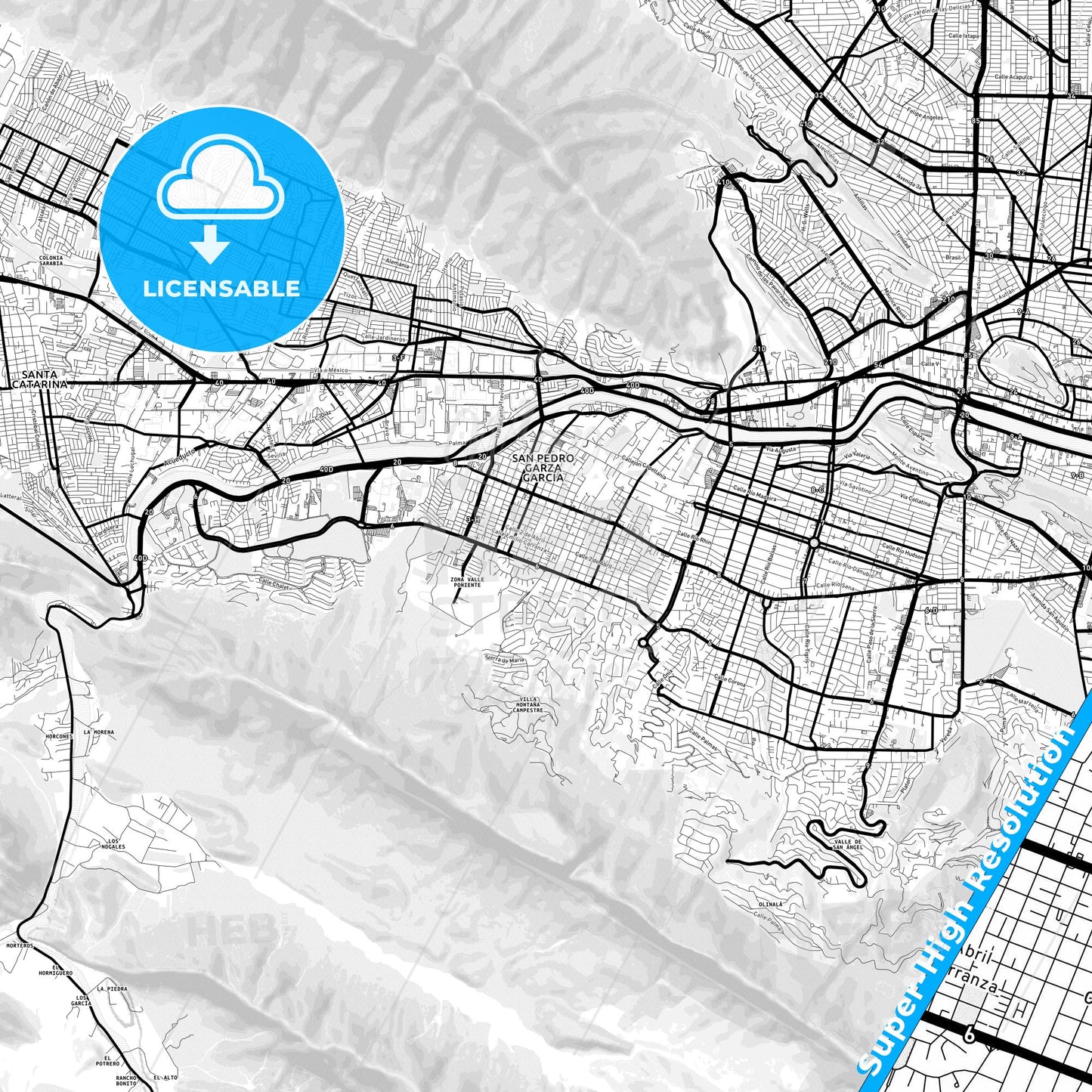 San Pedro Garza García, Mexico Light Map with Street Names, City Names, and Districts