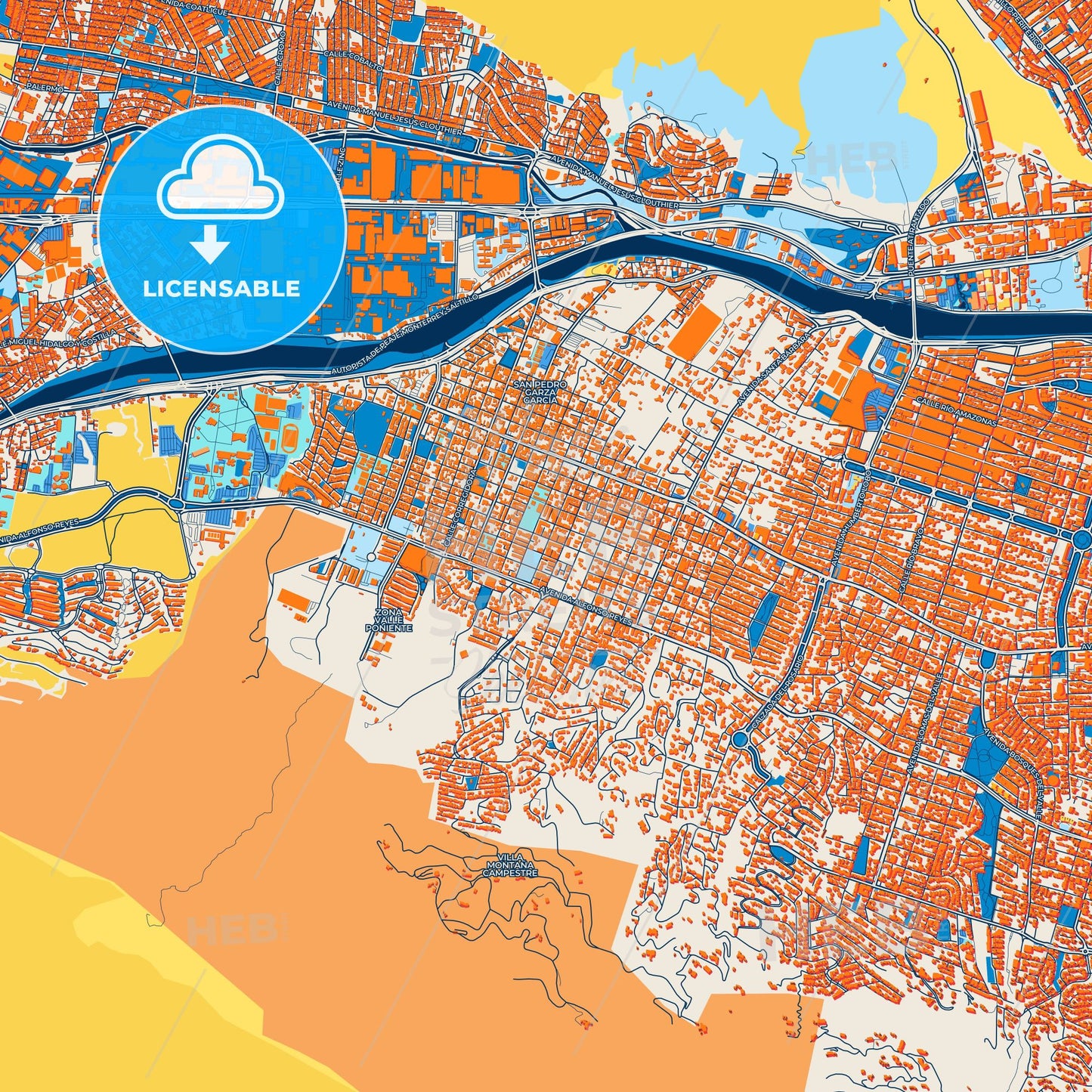 Colorful San Pedro Garza García Street Map with Labels and Buildings