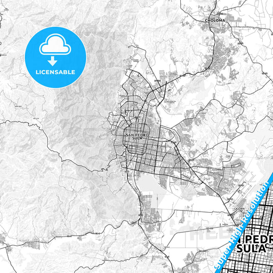 San Pedro Sula, Honduras light map with streetnames, citynames and districts