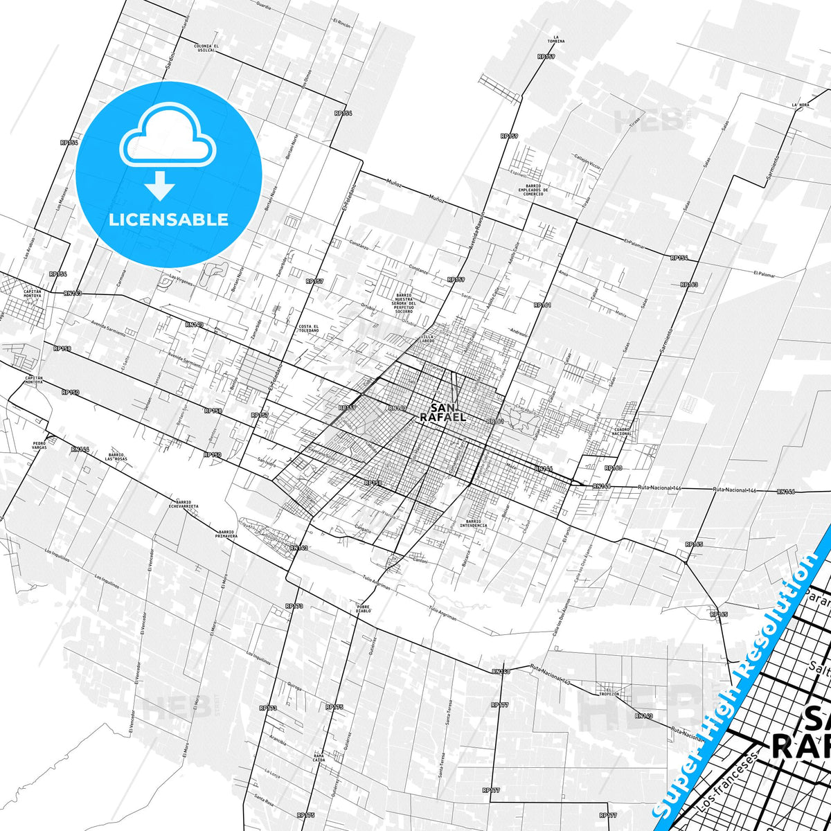 San Rafael, Argentina light map with streetnames, citynames and districts