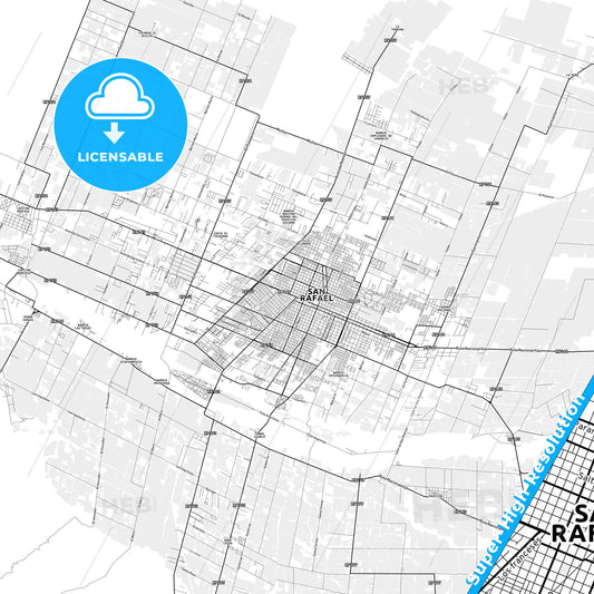 San Rafael, Argentina light map with streetnames, citynames and districts