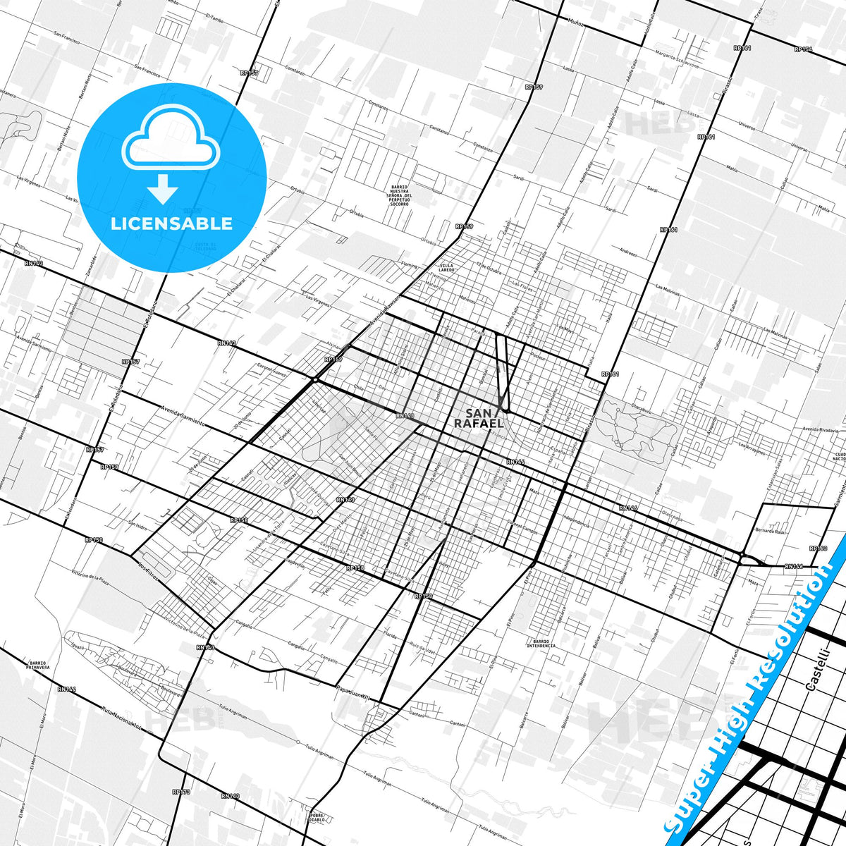 San Rafael, Argentina Light Map with Street Names, City Names, and Districts