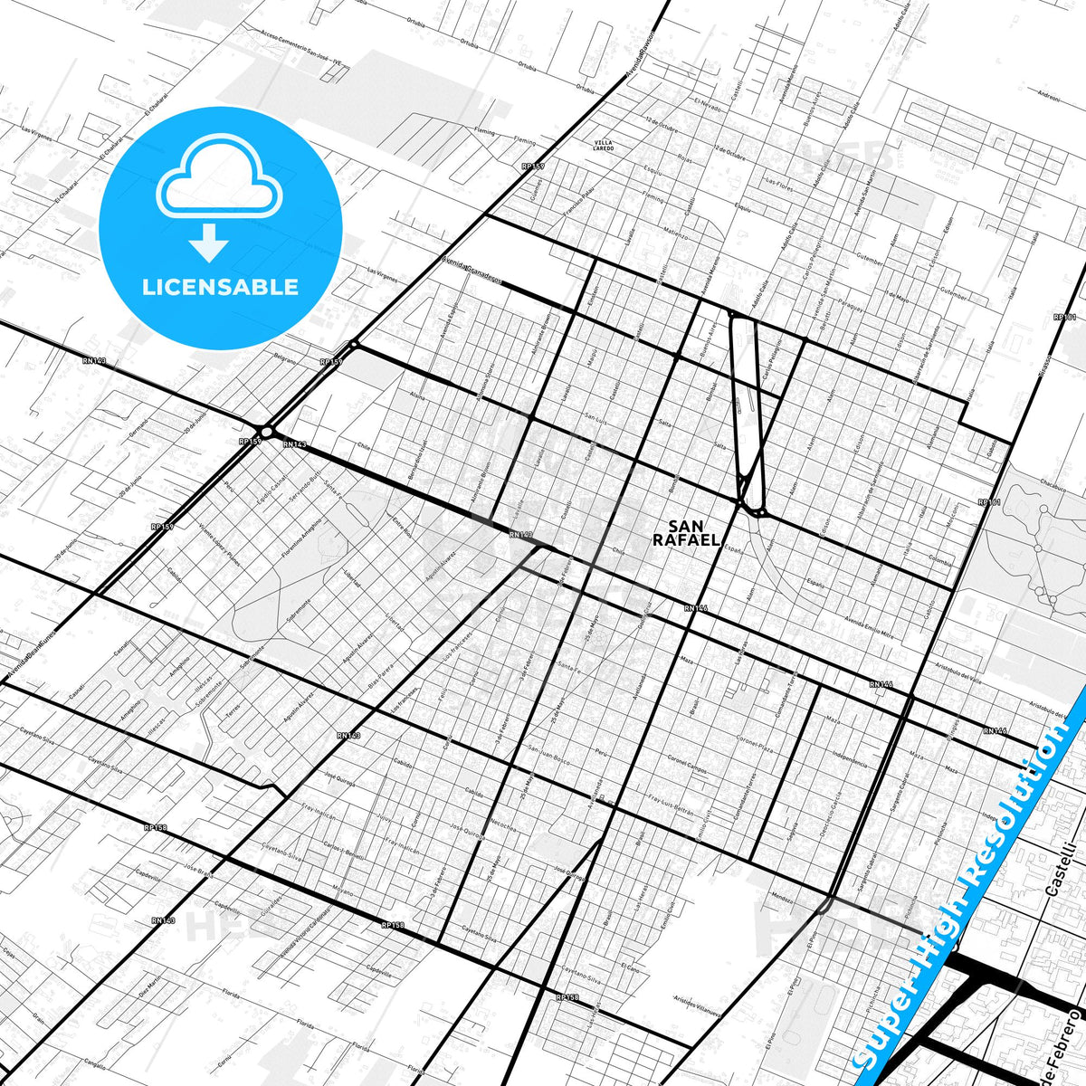 San Rafael, Argentina Light Map with Street Names, City Names, and Districts