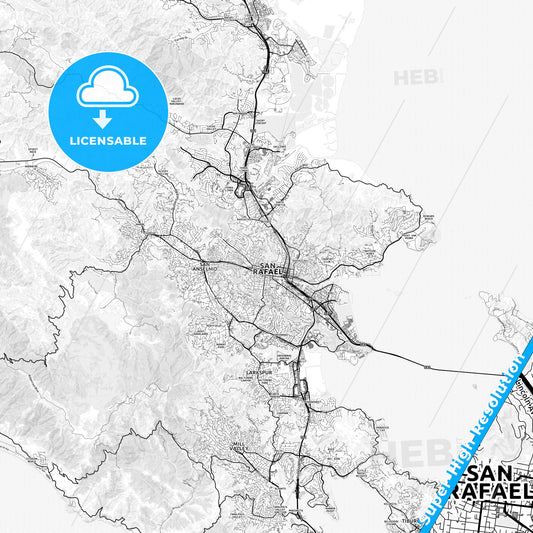 San Rafael, California light map with streetnames, citynames and districts