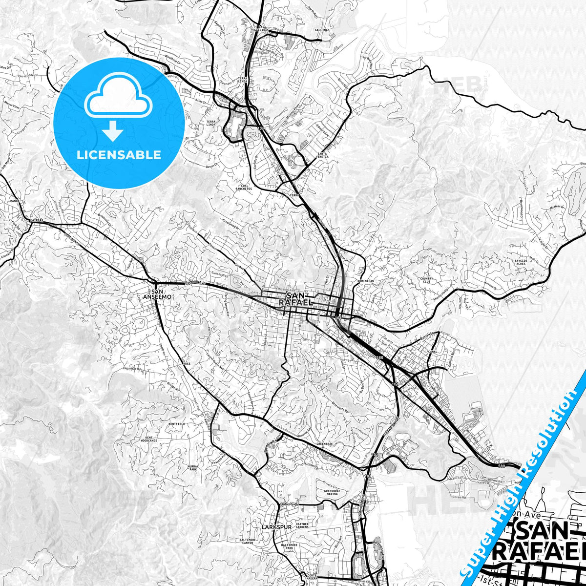 San Rafael, California Light Map with Street Names, City Names, and Districts