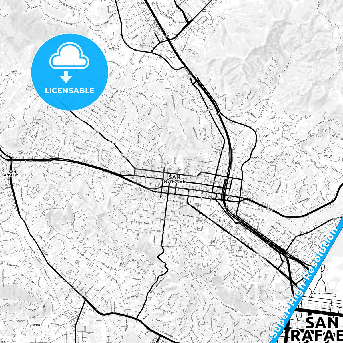 San Rafael, California Light Map with Street Names, City Names, and Districts