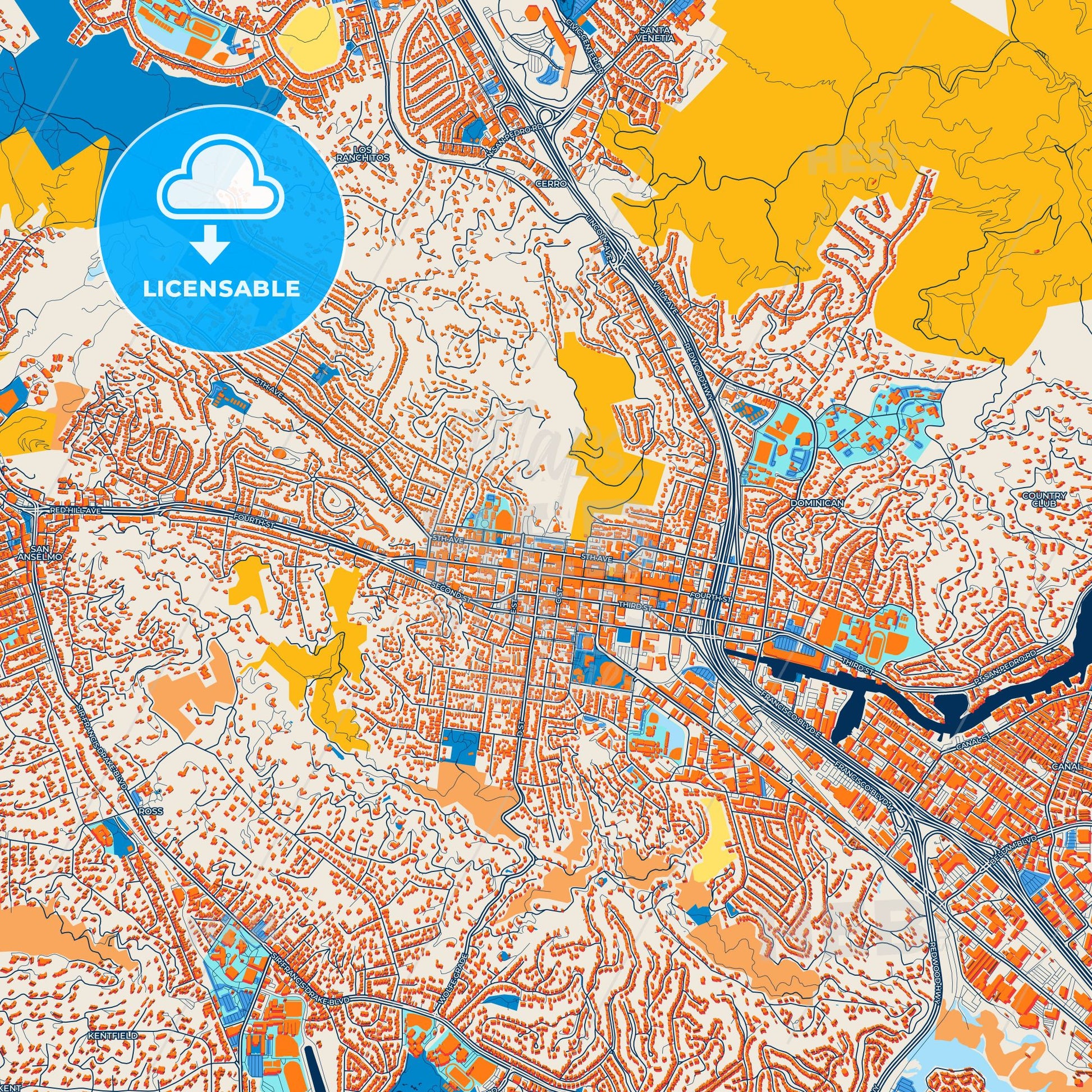 Colorful San Rafael Street Map with Labels and Buildings