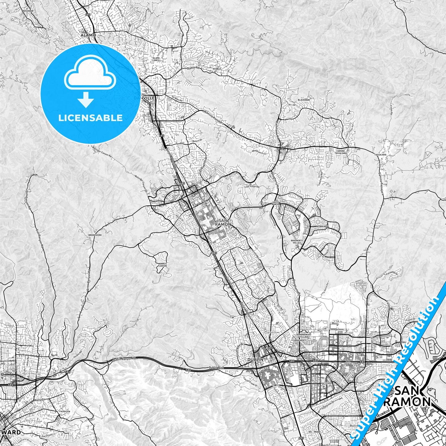 San Ramon, California light map with streetnames, citynames and districts