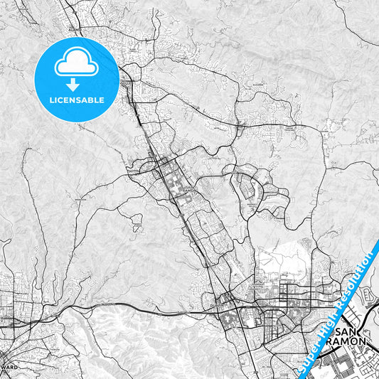 San Ramon, California light map with streetnames, citynames and districts