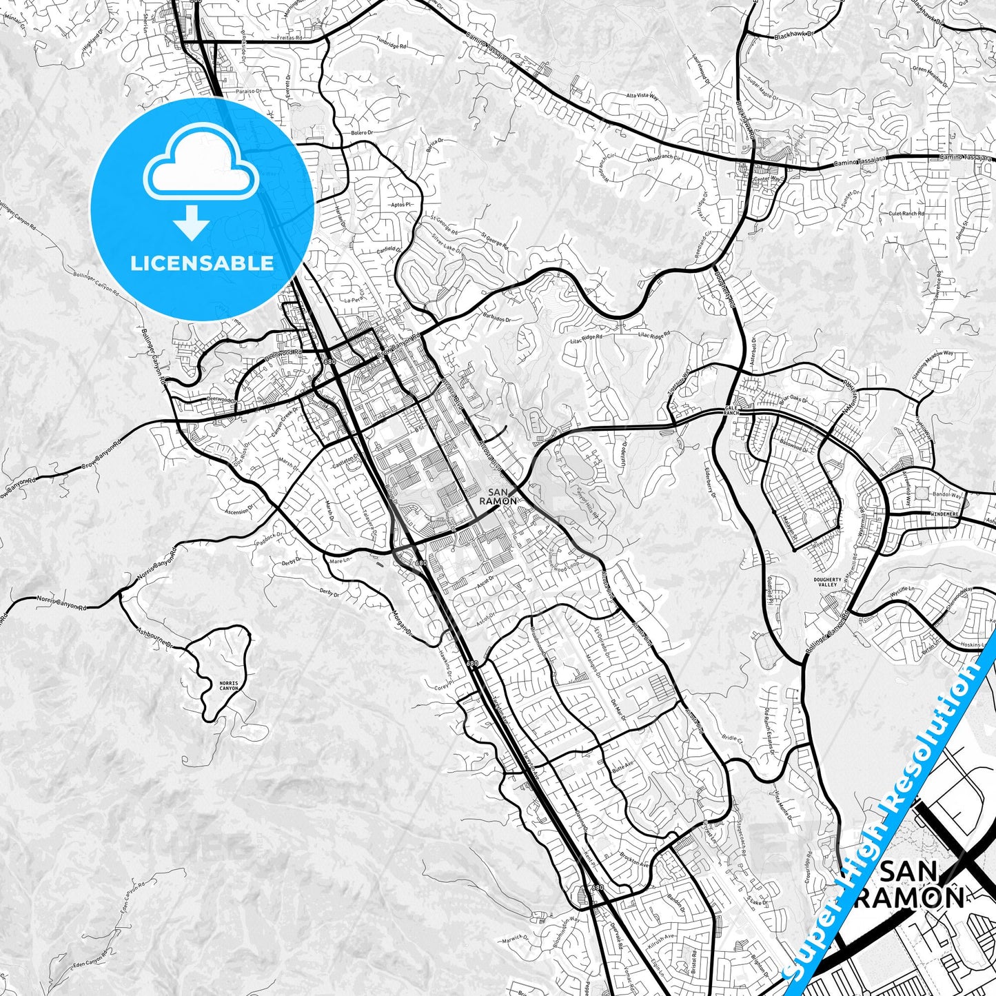 San Ramon, California Light Map with Street Names, City Names, and Districts
