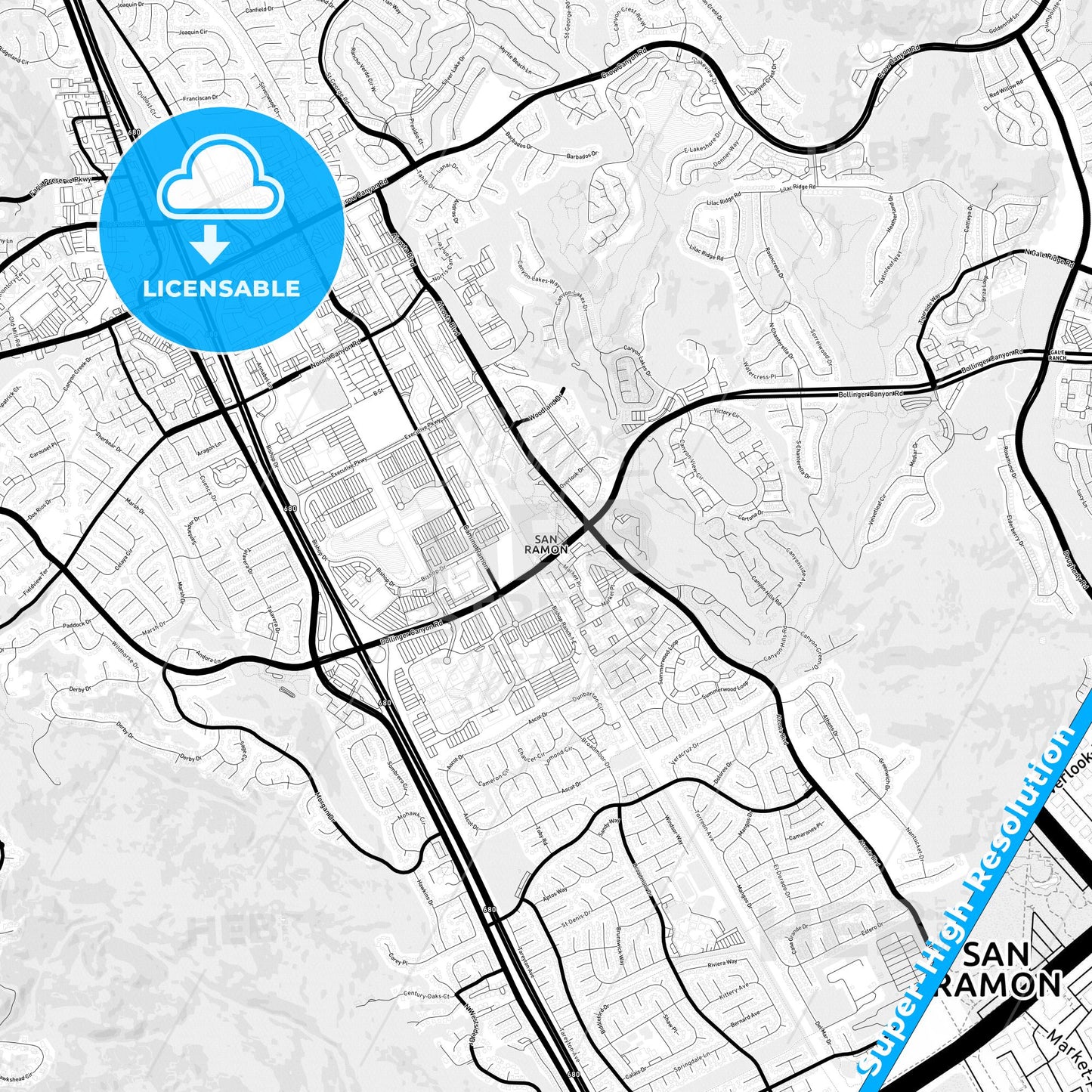 San Ramon, California Light Map with Street Names, City Names, and Districts